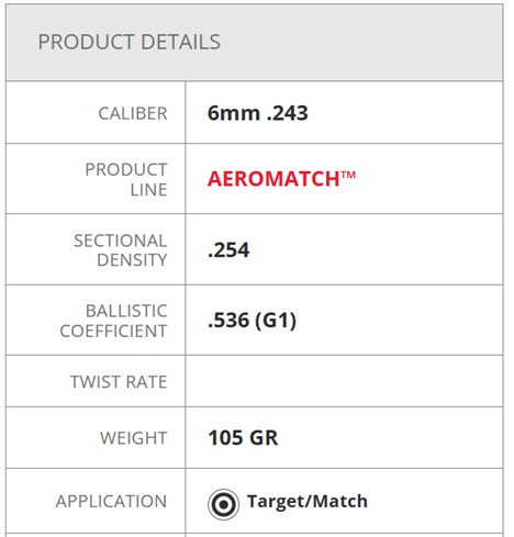 Hornady 6mm .243 105gr Aeromatch Bullets Specifications