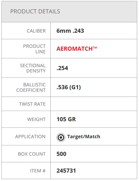 Hornady 6mm .243 105gr Aeromatch Bullets Specifications