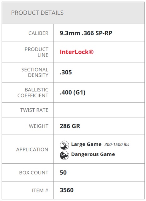 Hornady 9.3mm .366 286gr Interlock SP-RP Specifications