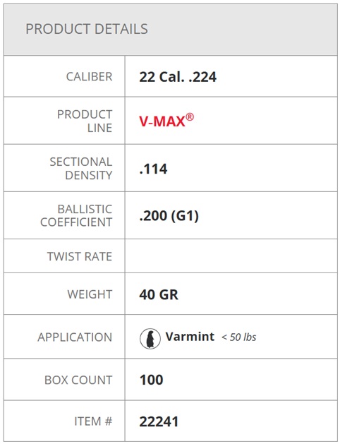 Hornady 22 Cal 40gr V-Max Specifications