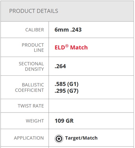 Hornady 6mm 109gr ELD Match (100) Specifications