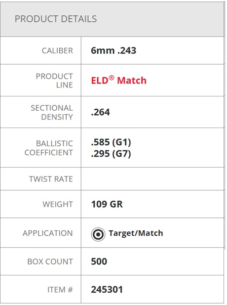 Hornady 6mm 109gr ELD Match Specifications
