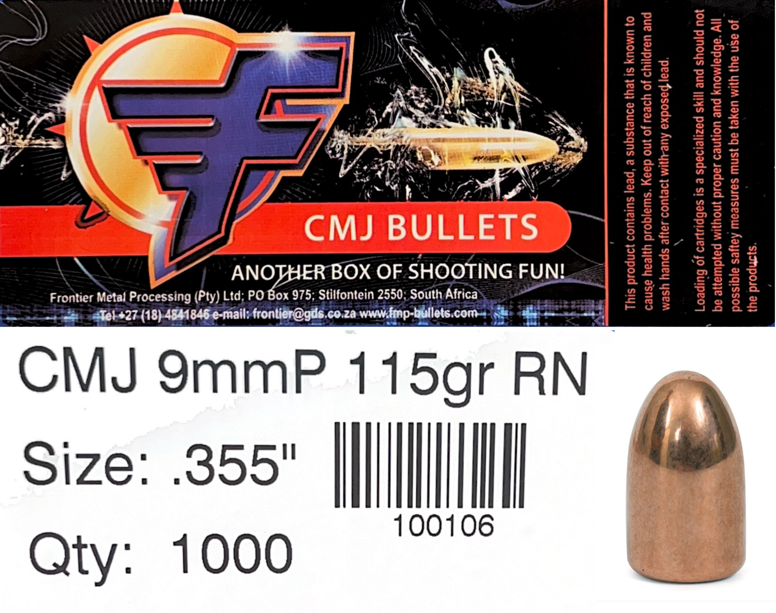 Frontier CMJ 9mm .355 115gr Round Nose Bullets (1000)