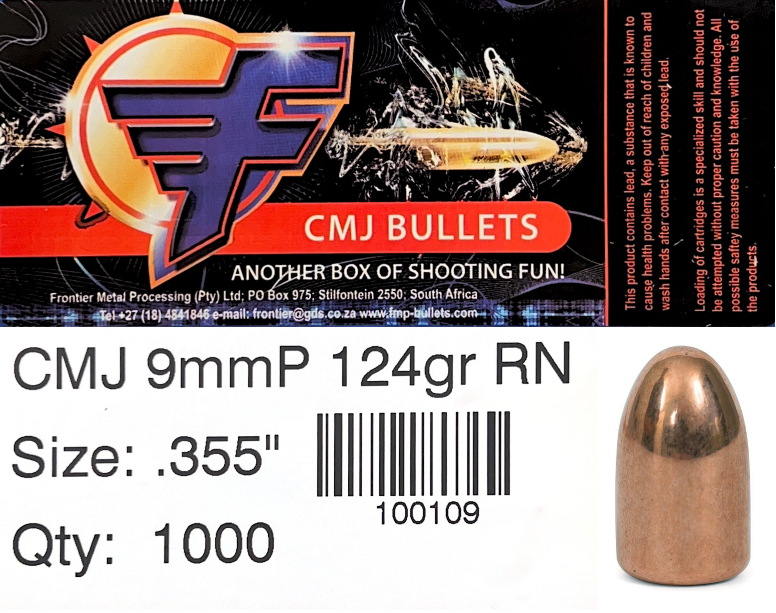 Frontier CMJ 9mm .355 124gr Round Nose Bullets (1000)