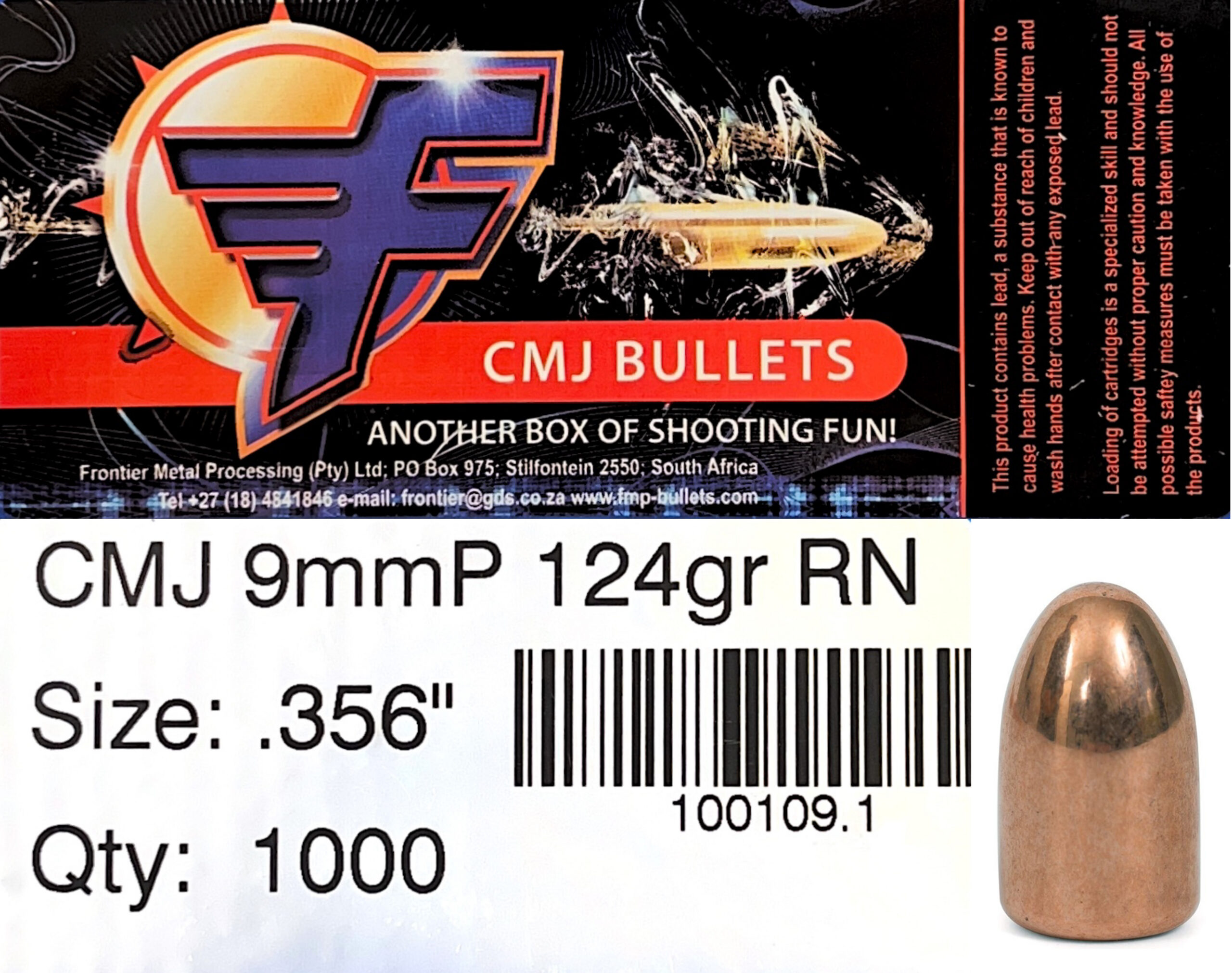 Frontier CMJ 9mm .356 124gr Round Nose Bullets (1000)