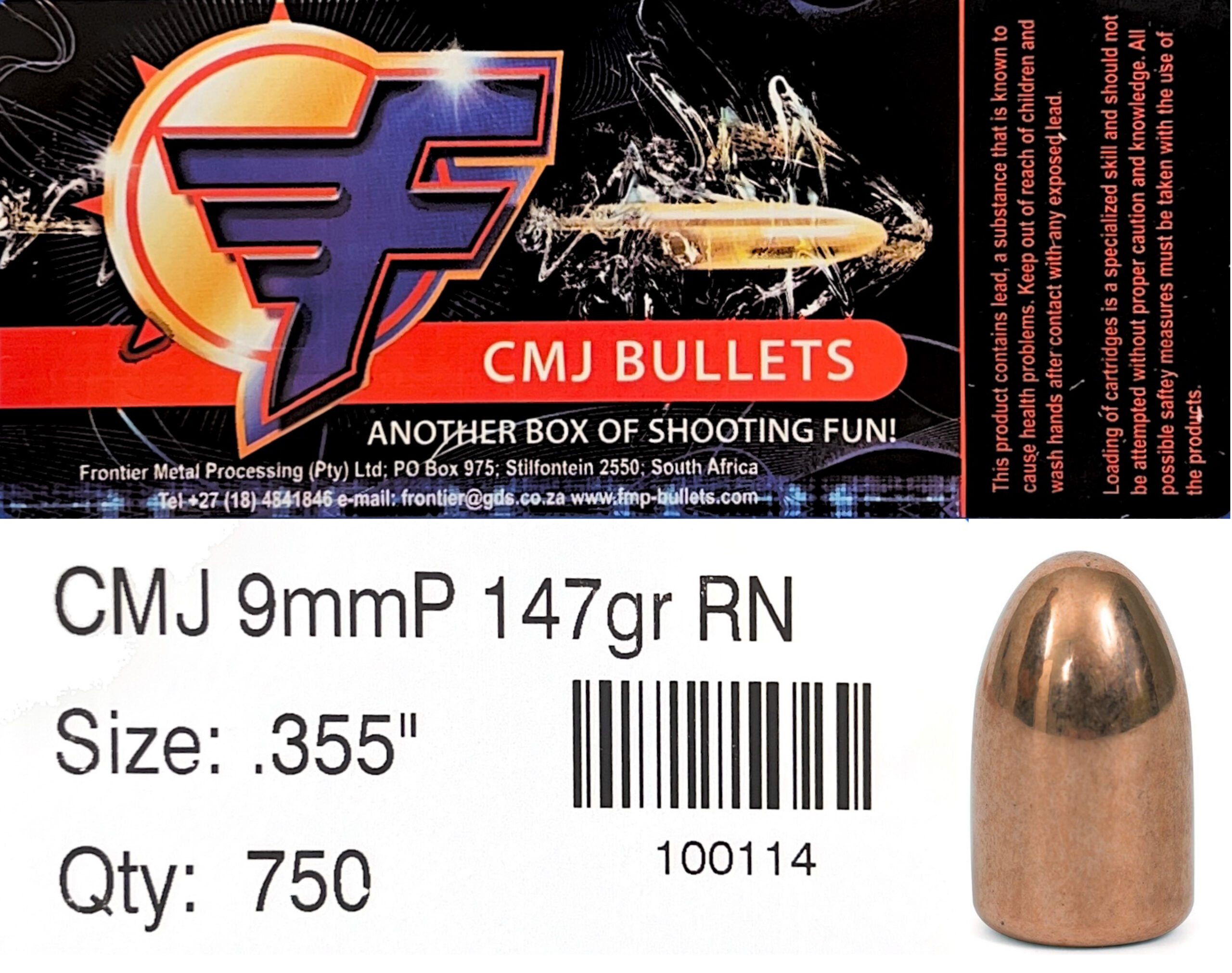 Frontier CMJ 9mm .355 147gr Round Nose Bullets (750)